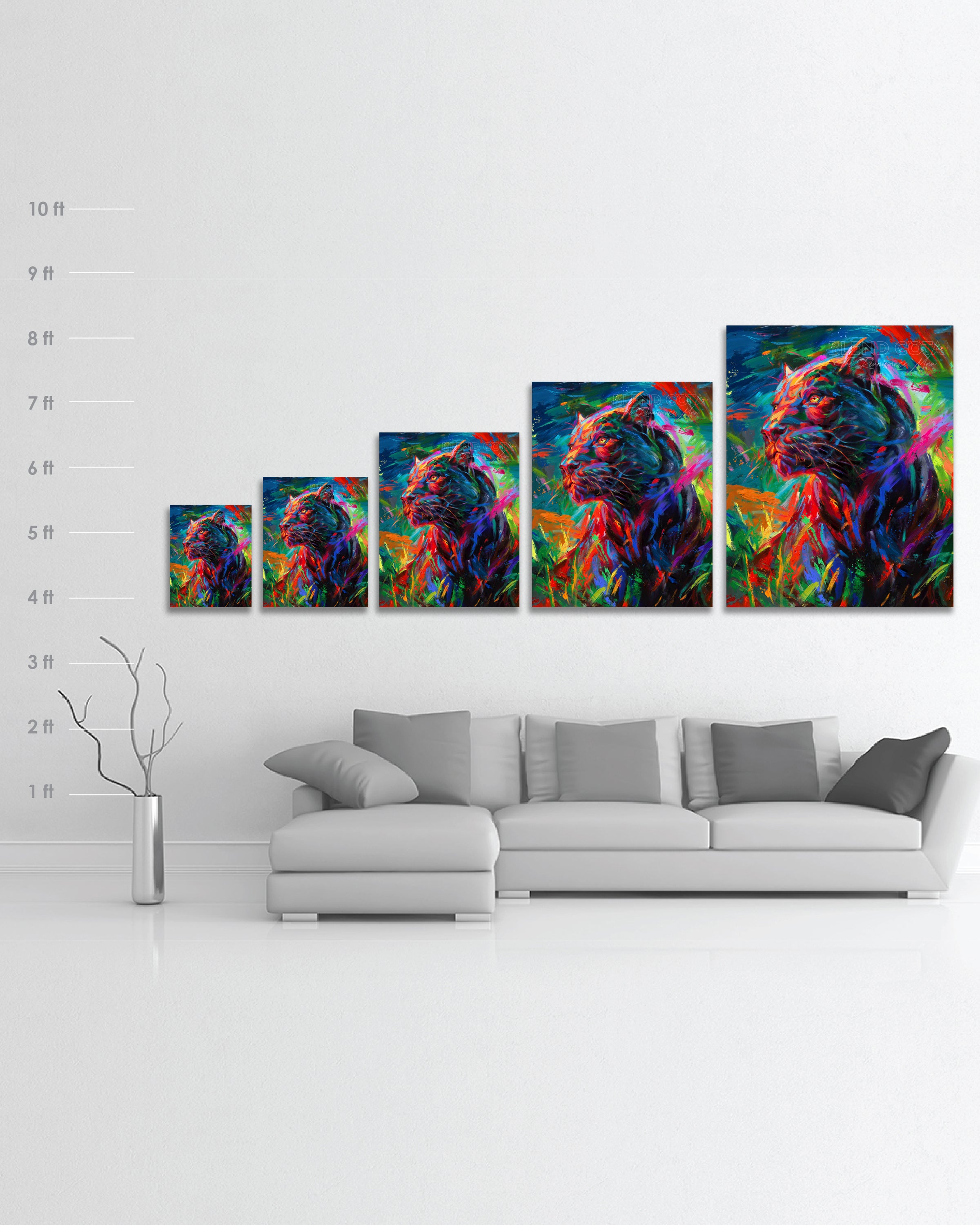 
                  
                    Limited Edition glossy metal print of the black panther stalking its prey through the long night painted with colorful brushstrokes in an expressionistic style in a room setting with scale dimensions
                  
                