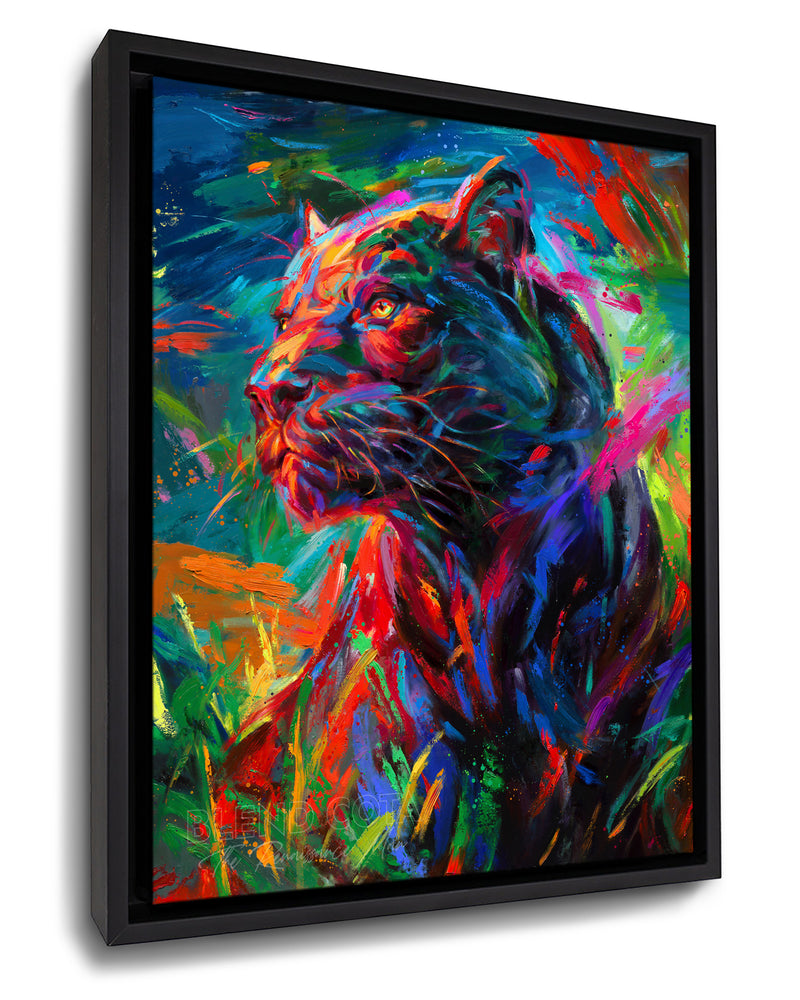 Framed Art print on canvas of the black panther stalking its prey through the long night painted with colorful brushstrokes in an expressionistic style.