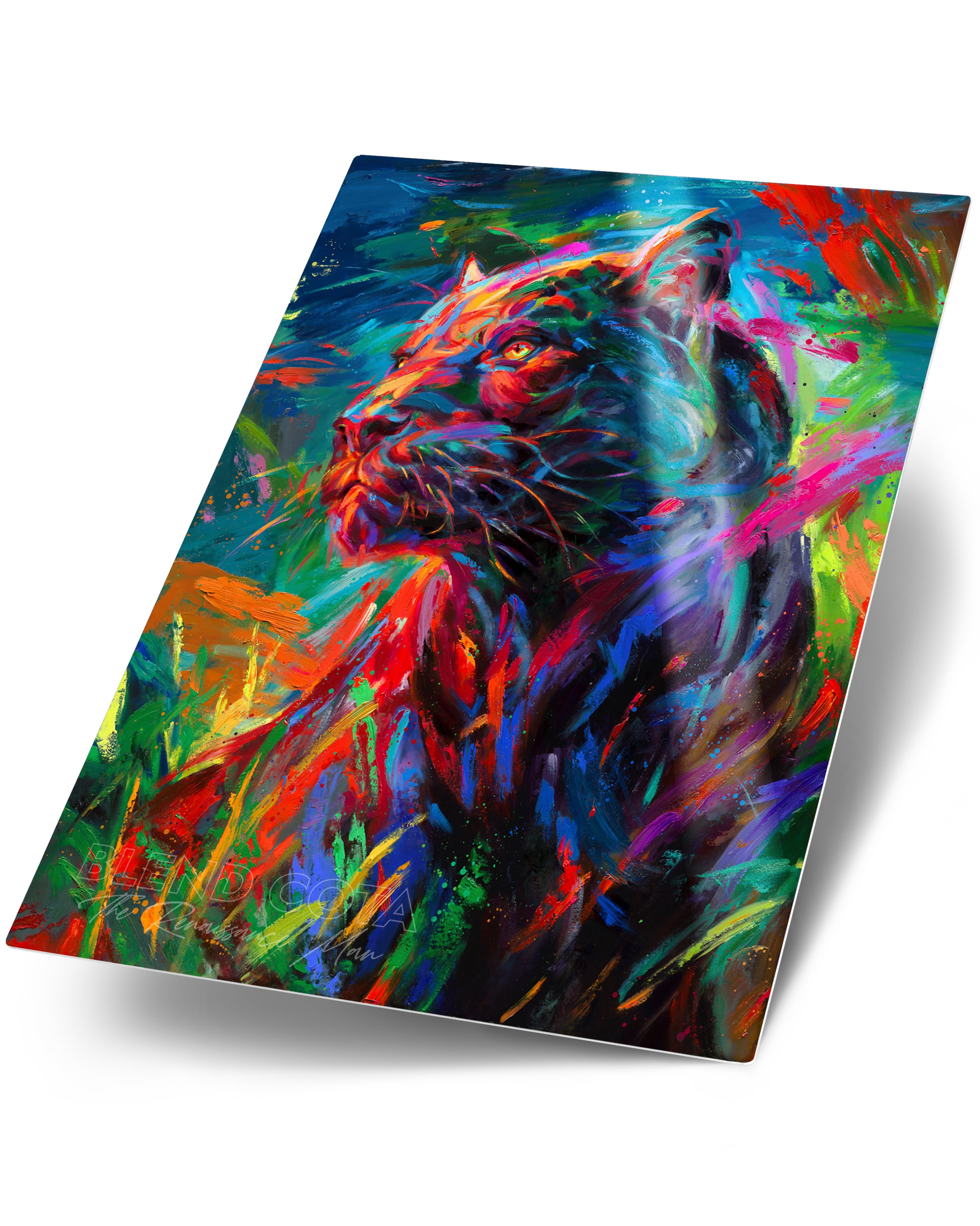 Art print on metal of the black panther stalking its prey through the long night painted with colorful brushstrokes in an expressionistic style.