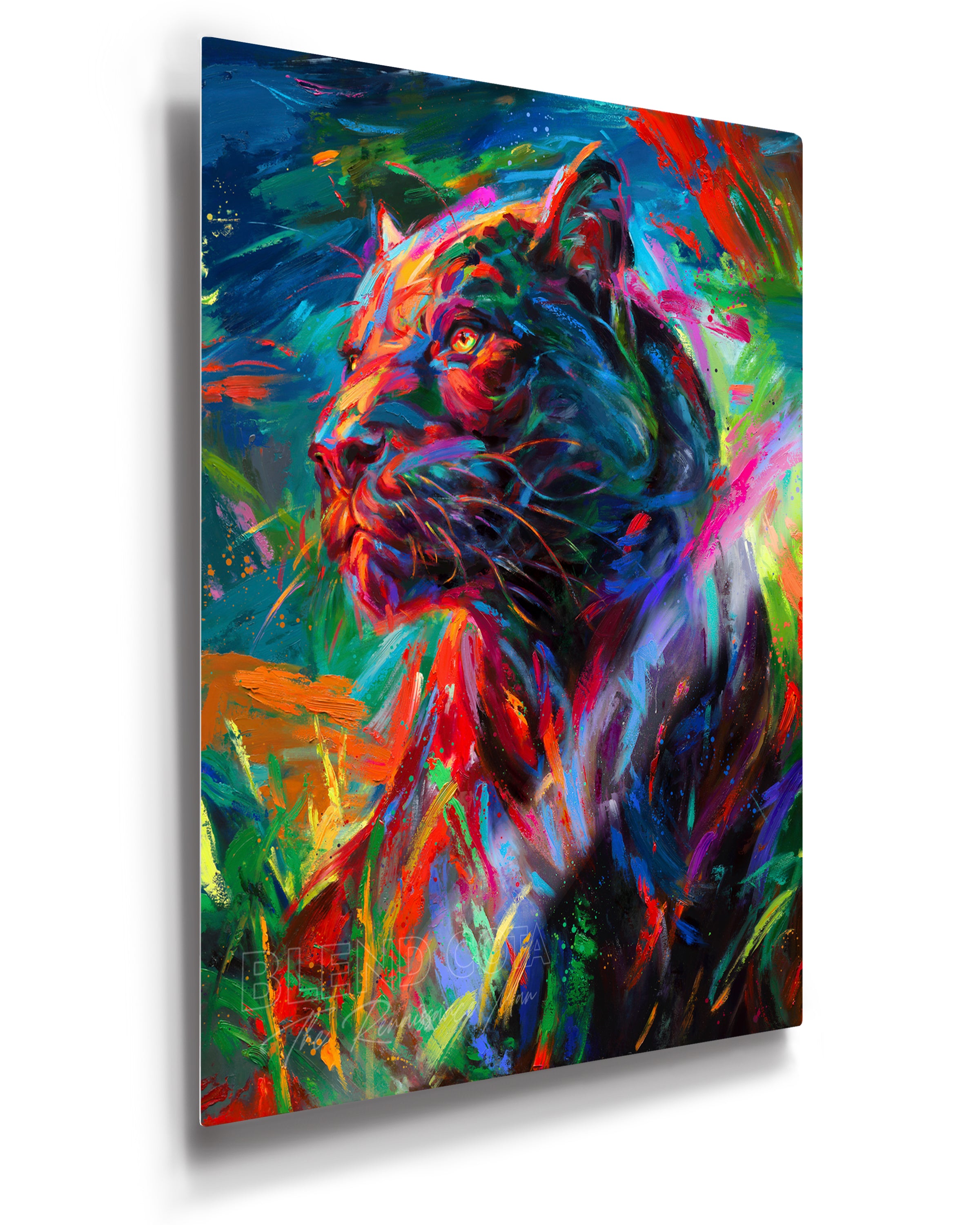 Limited Edition glossy metal print of the black panther stalking its prey through the long night painted with colorful brushstrokes in an expressionistic style.
