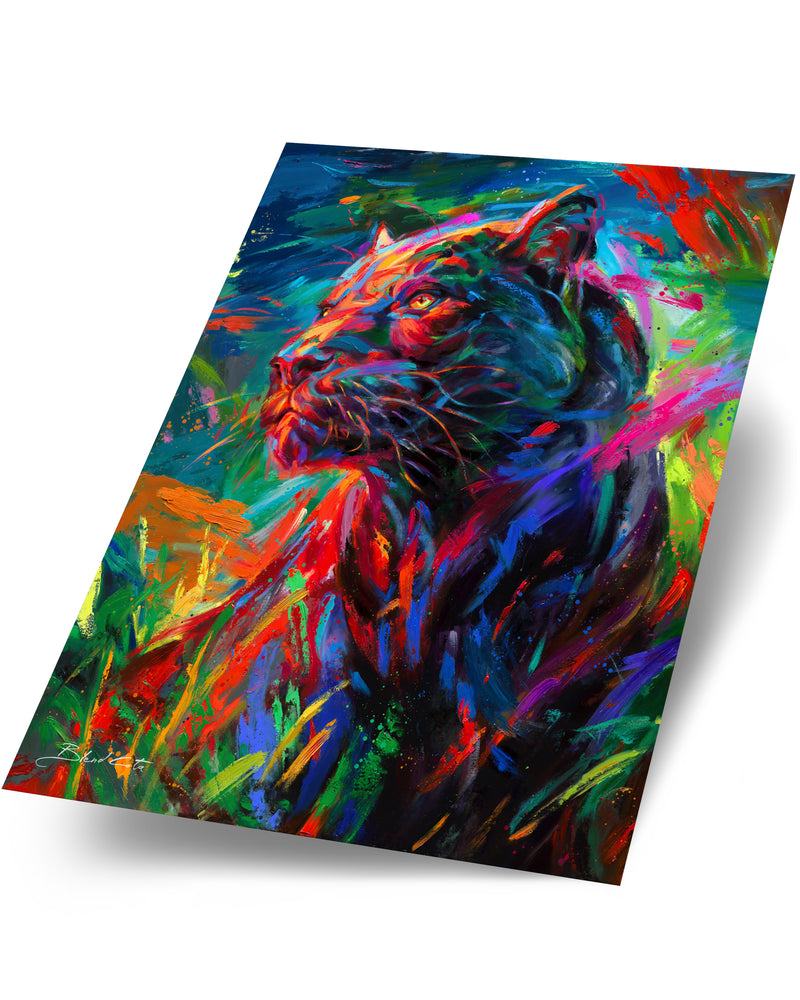 Art print on paper cardstock of the black panther stalking its prey through the long night painted with colorful brushstrokes in an expressionistic style.