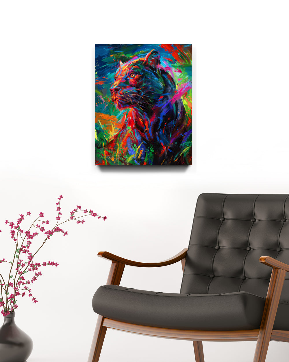 Gallery wrapped art print on canvas of the black panther stalking its prey through the long night painted with colorful brushstrokes in an expressionistic style in a room setting.