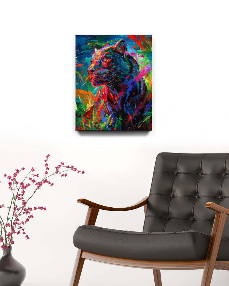 art print on canvas of the black panther stalking its prey through the long night painted with colorful brushstrokes in an expressionistic style in a room setting.