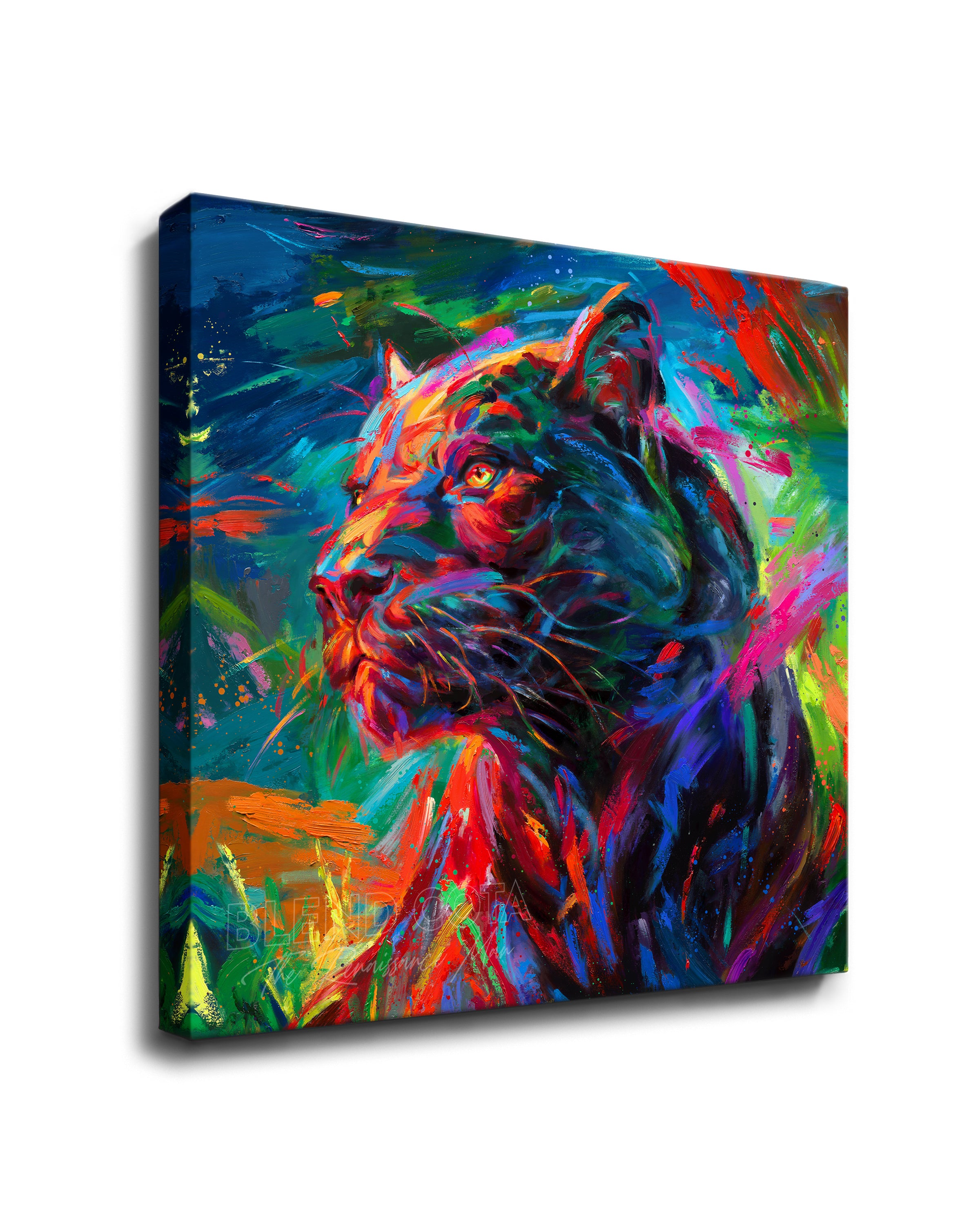 
                  
                    Square format Gallery wrapped art print on canvas of the black panther stalking its prey through the long night painted with colorful brushstrokes in an expressionistic style.
                  
                