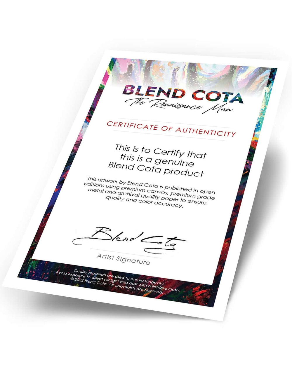 Blend Cota Studios sample certificate of authenticity.