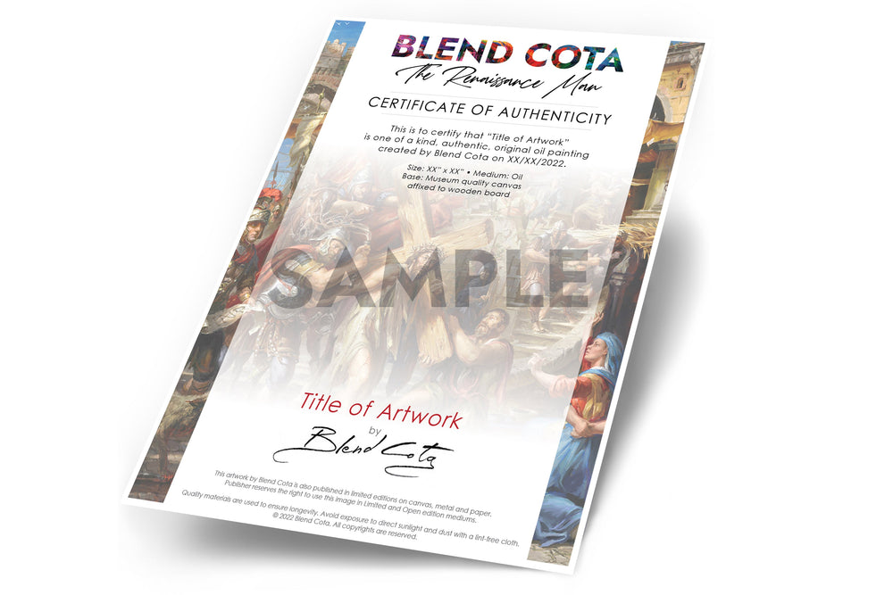 Blend cota studios sample certificate of authenticity for original oil paintings.