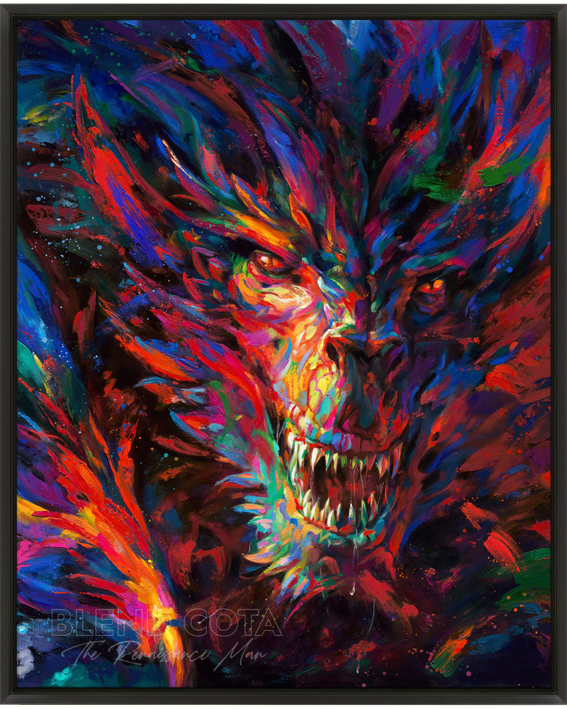 
                  
                    Framed Limited edition print on canvas of the dragon of war, legendary mythical being engulfed in red and blue flame, emerging from darkness with colorful brushstrokes in an expressionistic style.
                  
                