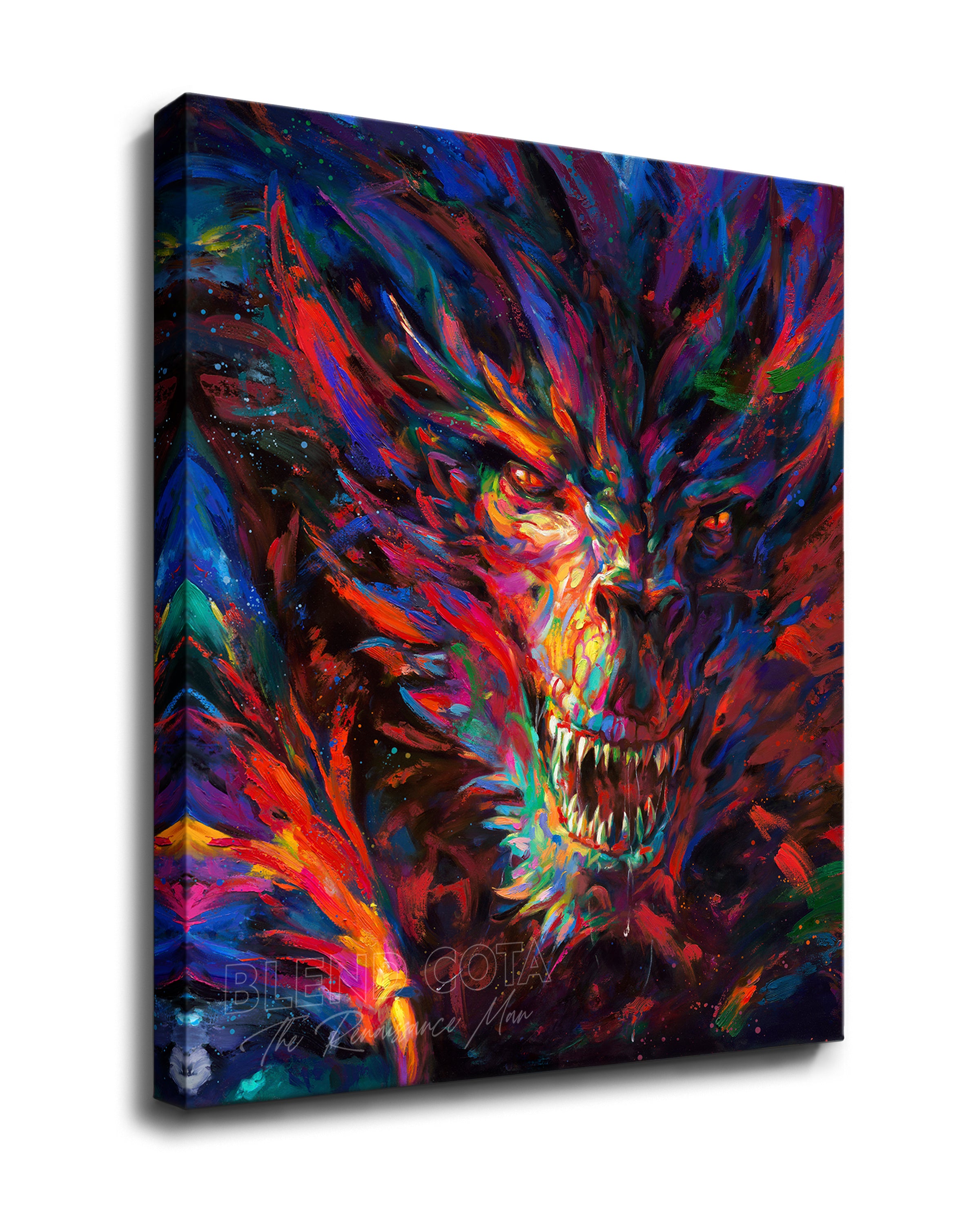 Gallery wrapped art print on canvas of the dragon of war, legendary mythical being engulfed in red and blue flame, emerging from darkness with colorful brushstrokes in an expressionistic style.