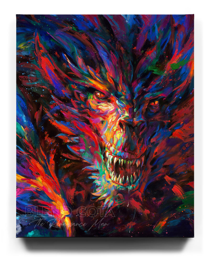 Limited edition print on canvas of the dragon of war, legendary mythical being engulfed in red and blue flame, emerging from darkness with colorful brushstrokes in an expressionistic style.