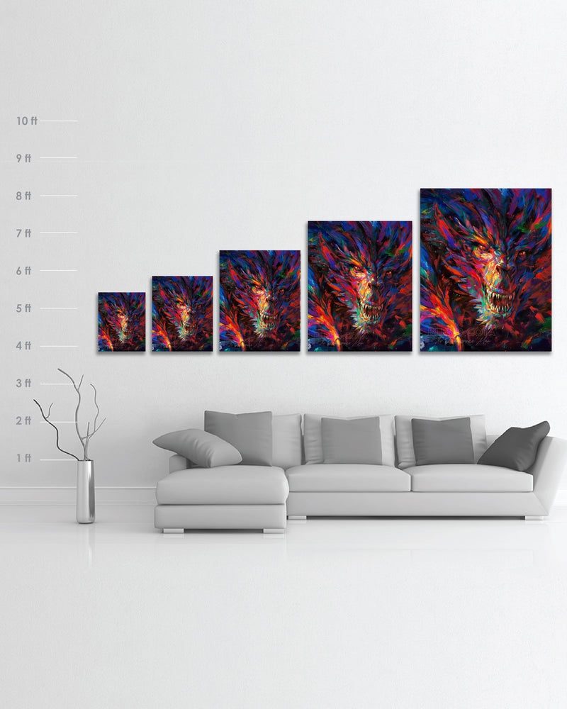 
                  
                    Limited edition print on canvas of the dragon of war, legendary mythical being engulfed in red and blue flame, emerging from darkness with colorful brushstrokes in an expressionistic style in a room setting with scale dimensions.
                  
                