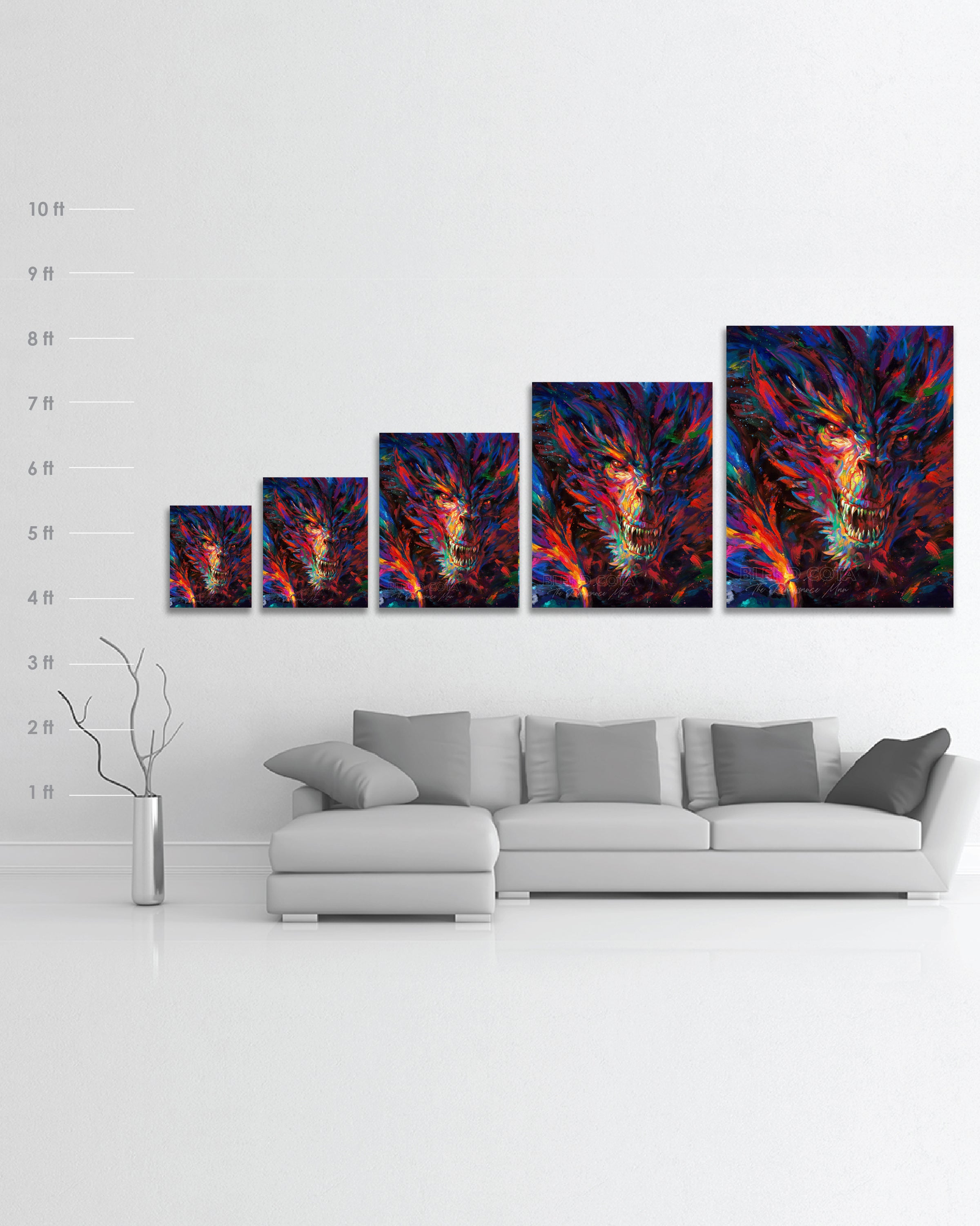 
                  
                    Limited edition print on canvas of the dragon of war, legendary mythical being engulfed in red and blue flame, emerging from darkness with colorful brushstrokes in an expressionistic style in a room setting with scale dimensions,
                  
                