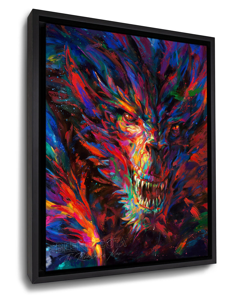 
                  
                    Framed art print on canvas of the dragon of war, legendary mythical being engulfed in red and blue flame, emerging from darkness with colorful brushstrokes in an expressionistic style.
                  
                