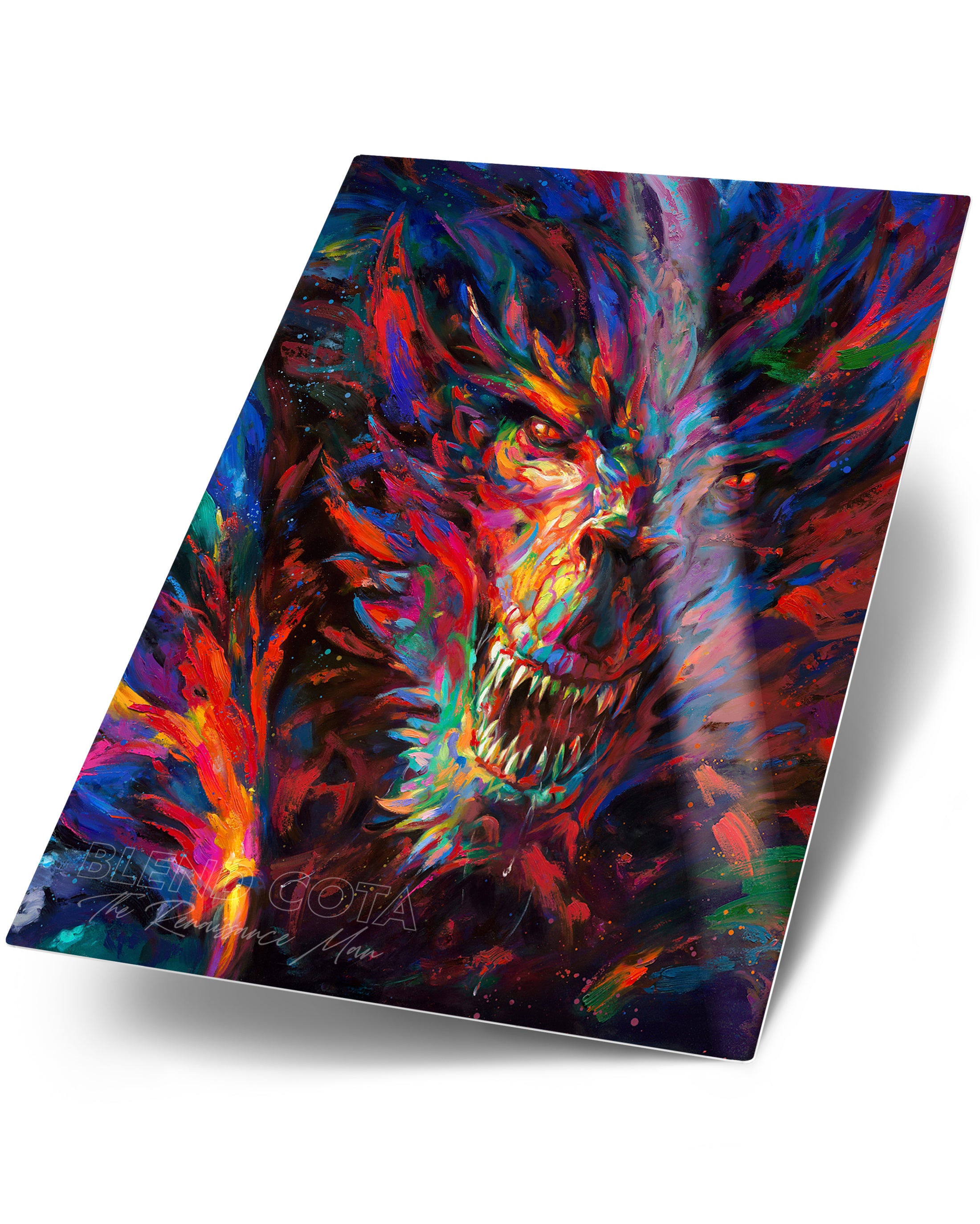 Glossy metal art print of the dragon of war, legendary mythical being engulfed in red and blue flame, emerging from darkness with colorful brushstrokes in an expressionistic style.