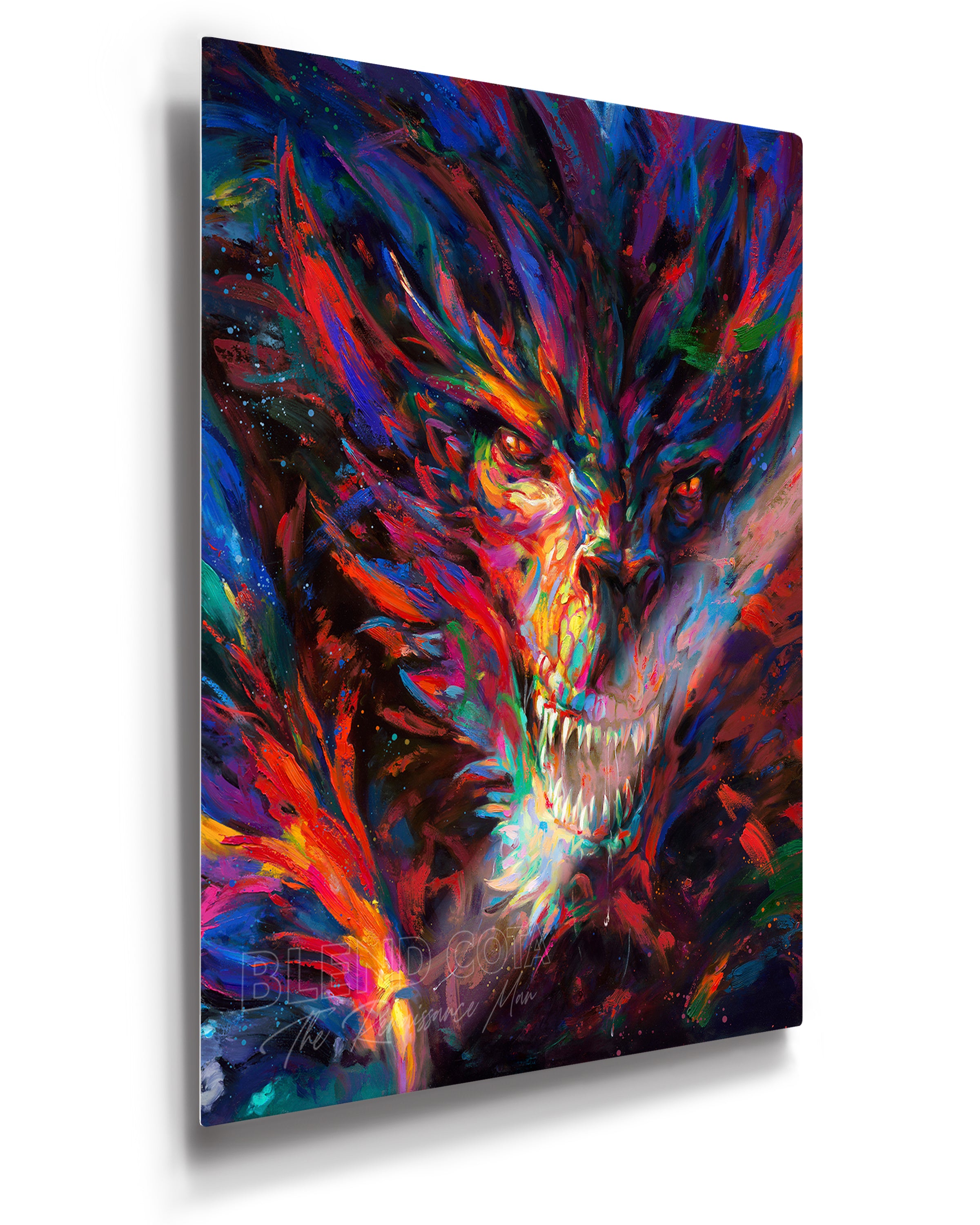 Limited edition print on metal of the dragon of war, legendary mythical being engulfed in red and blue flame, emerging from darkness with colorful brushstrokes in an expressionistic style.