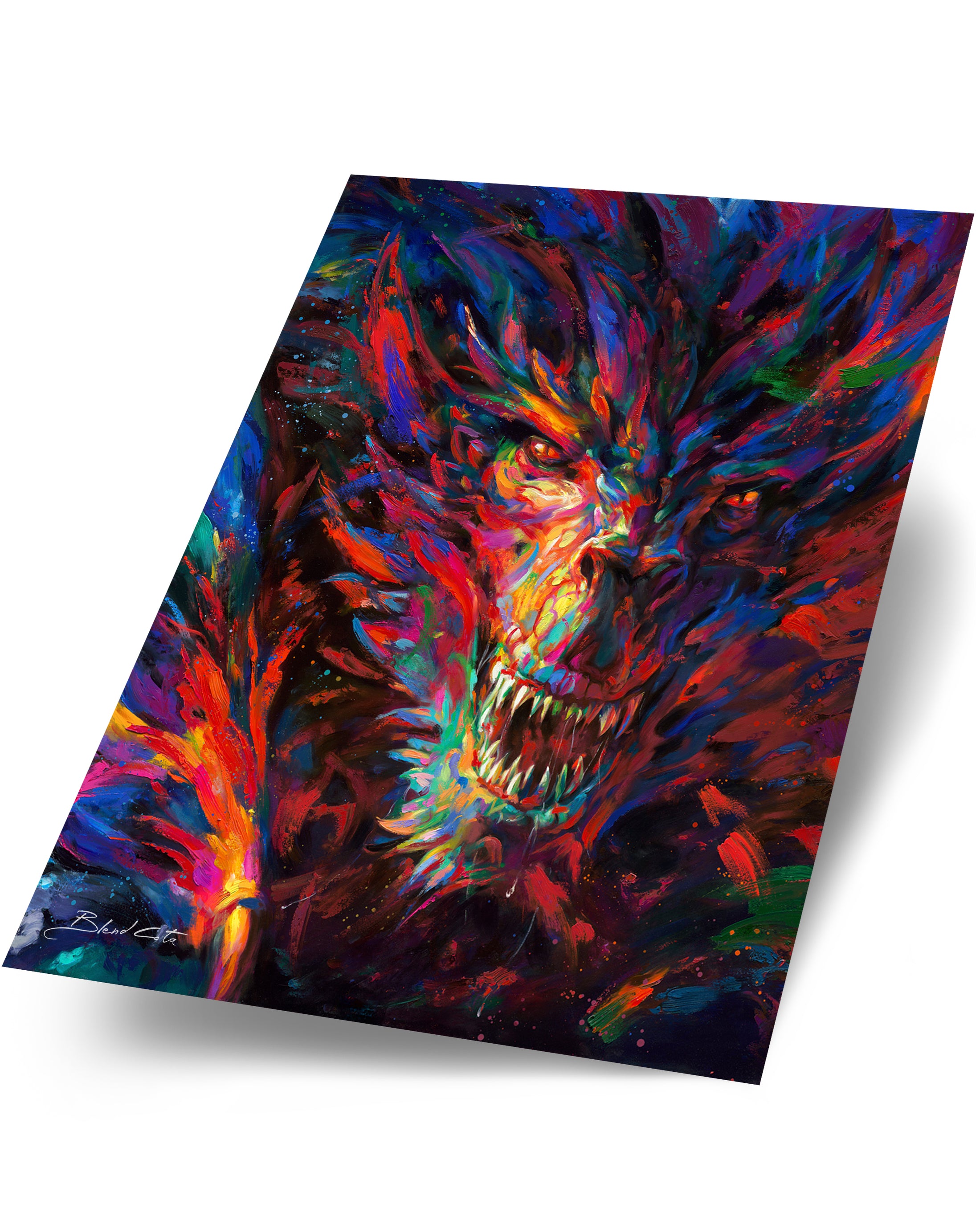 Art print on paper cardstock of the dragon of war, legendary mythical being engulfed in red and blue flame, emerging from darkness with colorful brushstrokes in an expressionistic style.