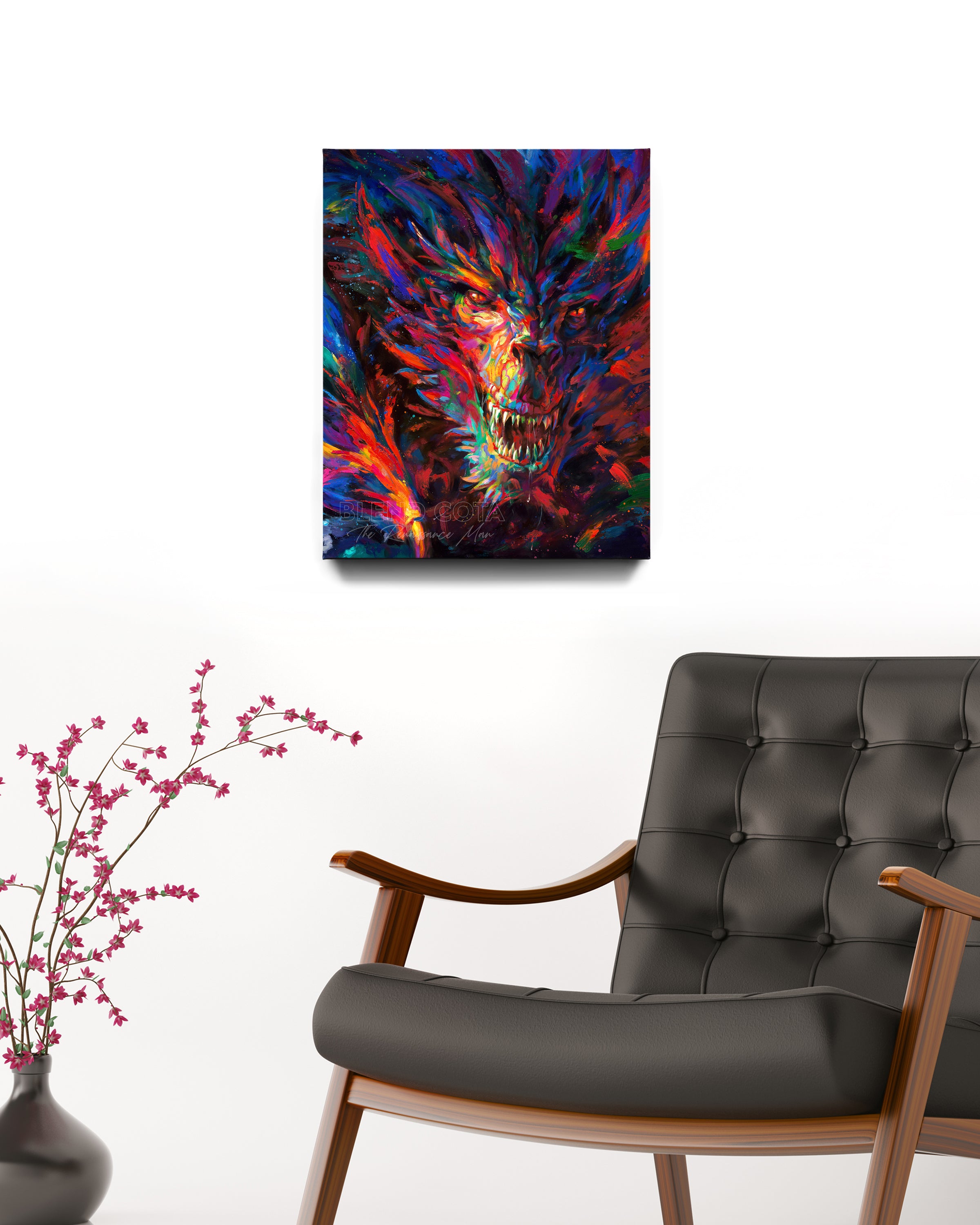 Gallery wrapped art print on canvas of the dragon of war, legendary mythical being engulfed in red and blue flame, emerging from darkness with colorful brushstrokes in an expressionistic style in a room setting.