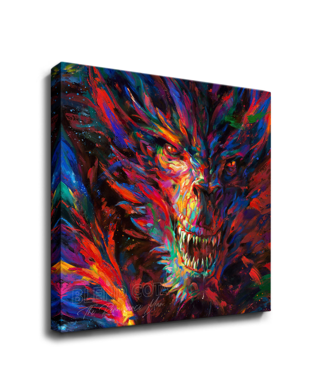 Square format Gallery wrapped art print on canvas of the dragon of war, legendary mythical being engulfed in red and blue flame, emerging from darkness with colorful brushstrokes in an expressionistic style.