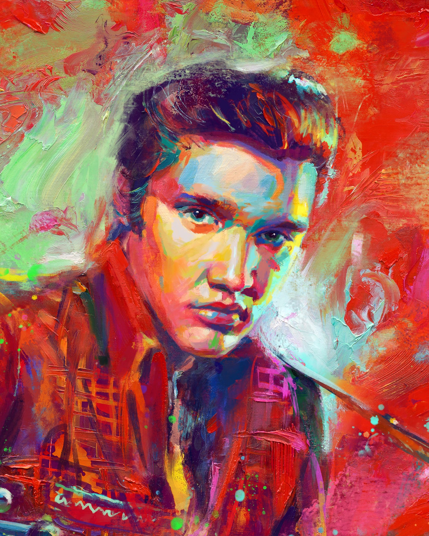 
                  
                    Oil on canvas original painting of the King of Rock 'n' Roll, Elvis, beside his Harley motorcycle in American nostalgic jeans and 1950s hair, playing his acoustic guitar in colorful brushstrokes, color expressionism style detailed close up.
                  
                