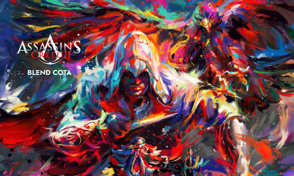 Gallery wrapped art print on canvas of Assassin's Creed Ezio Auditore and Eagle, bursting with colorful brushstrokes in an expressionist style.