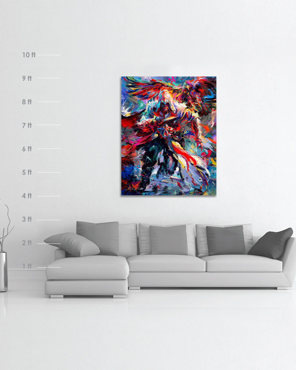 Oil on canvas original painting of Assassin's Creed Ezio Auditore and Eagle bursting forth with energy and painted with colorful brushstrokes in an expressionistic style in a room setting with dimensions for scale.