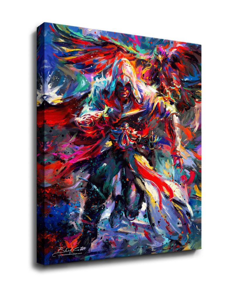 
                  
                    Gallery wrapped art print on canvas of Assassin's Creed Ezio Auditore and Eagle, bursting with colorful brushstrokes in an expressionist style.
                  
                