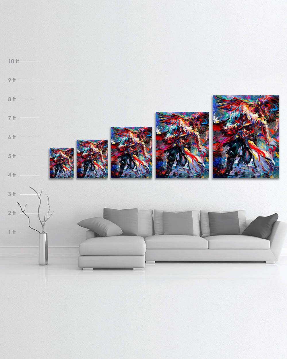 Limited Edition glossy metal print of Assassin's Creed Ezio Auditore and Eagle bursting forth with energy and painted with colorful brushstrokes in an expressionistic style with scale dimensions.