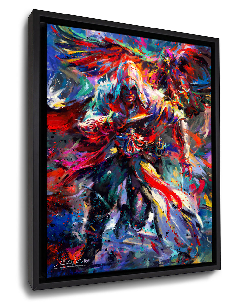 Framed art print on canvas of Assassin's Creed Ezio Auditore and Eagle, bursting with colorful brushstrokes in an expressionist style.