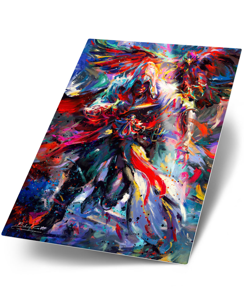 
                  
                    Glossy art print on metal of Assassin's Creed Ezio Auditore and Eagle, bursting with colorful brushstrokes in an expressionist style.
                  
                