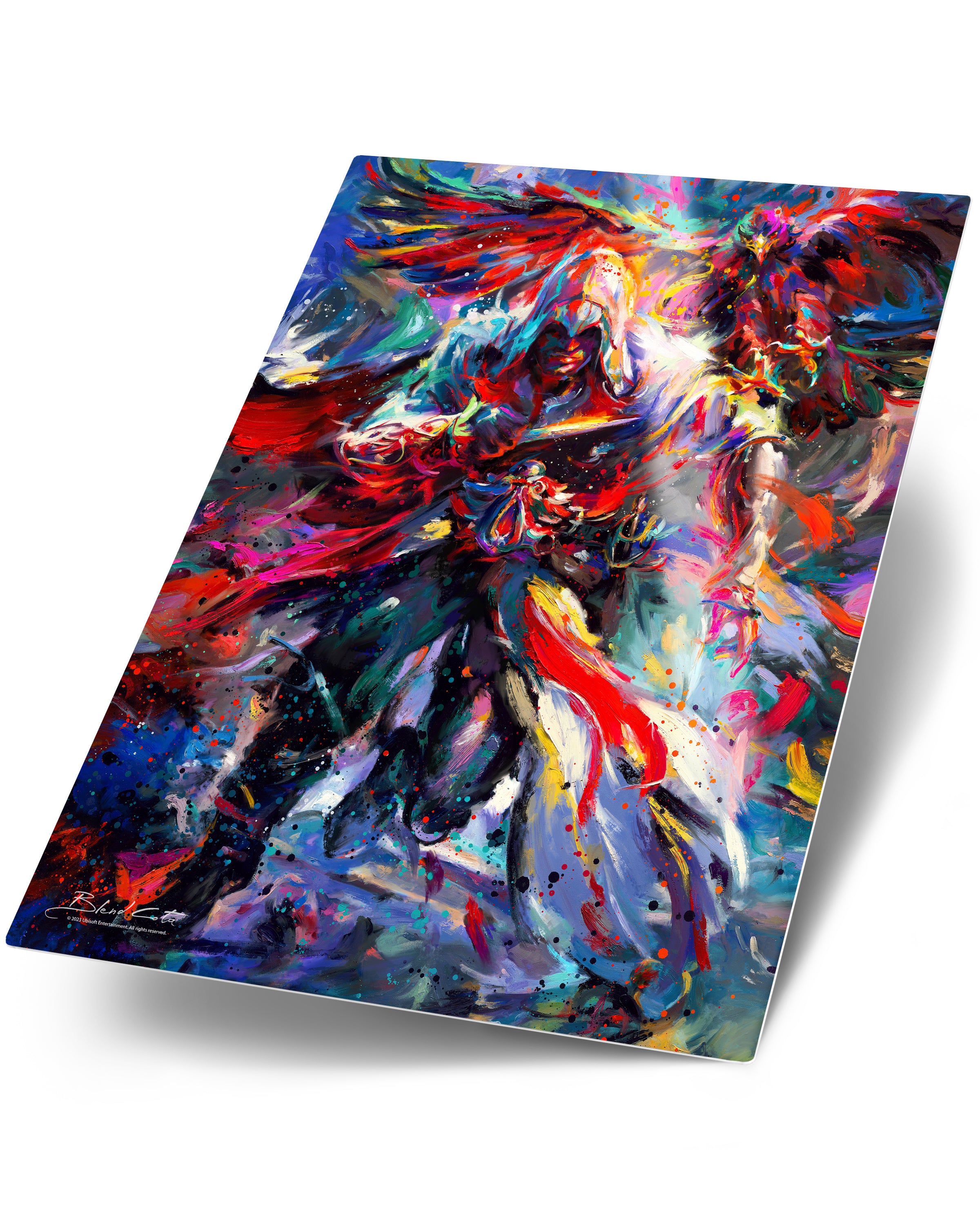 
                  
                    Glossy art print on metal of Assassin's Creed Ezio Auditore and Eagle, bursting with colorful brushstrokes in an expressionist style.
                  
                
