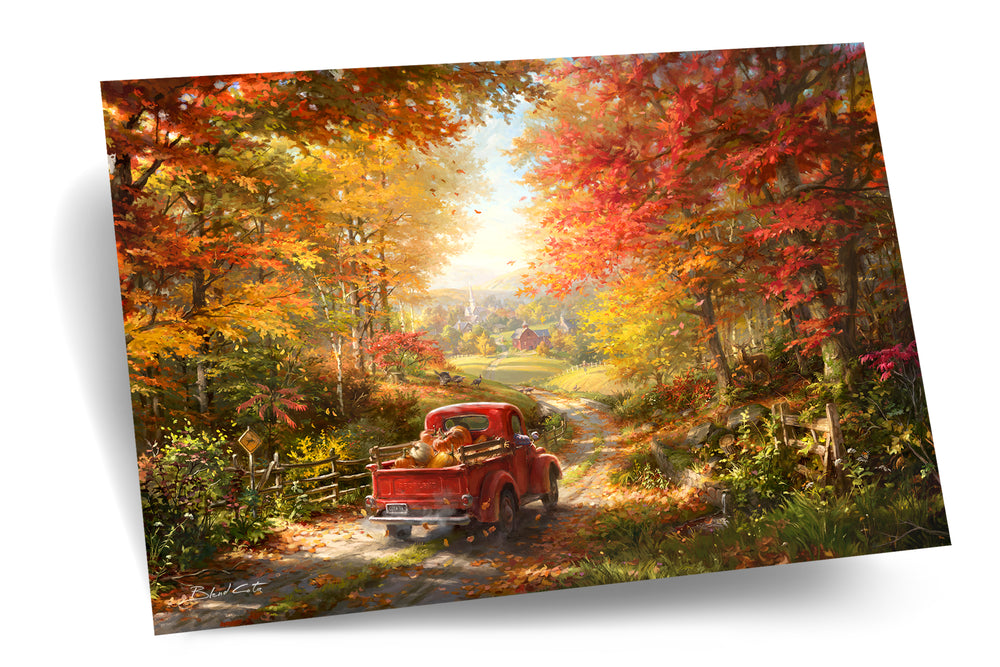 
                  
                    Painting of a red truck travelling down country road in the fall, in a realistic style.
                  
                