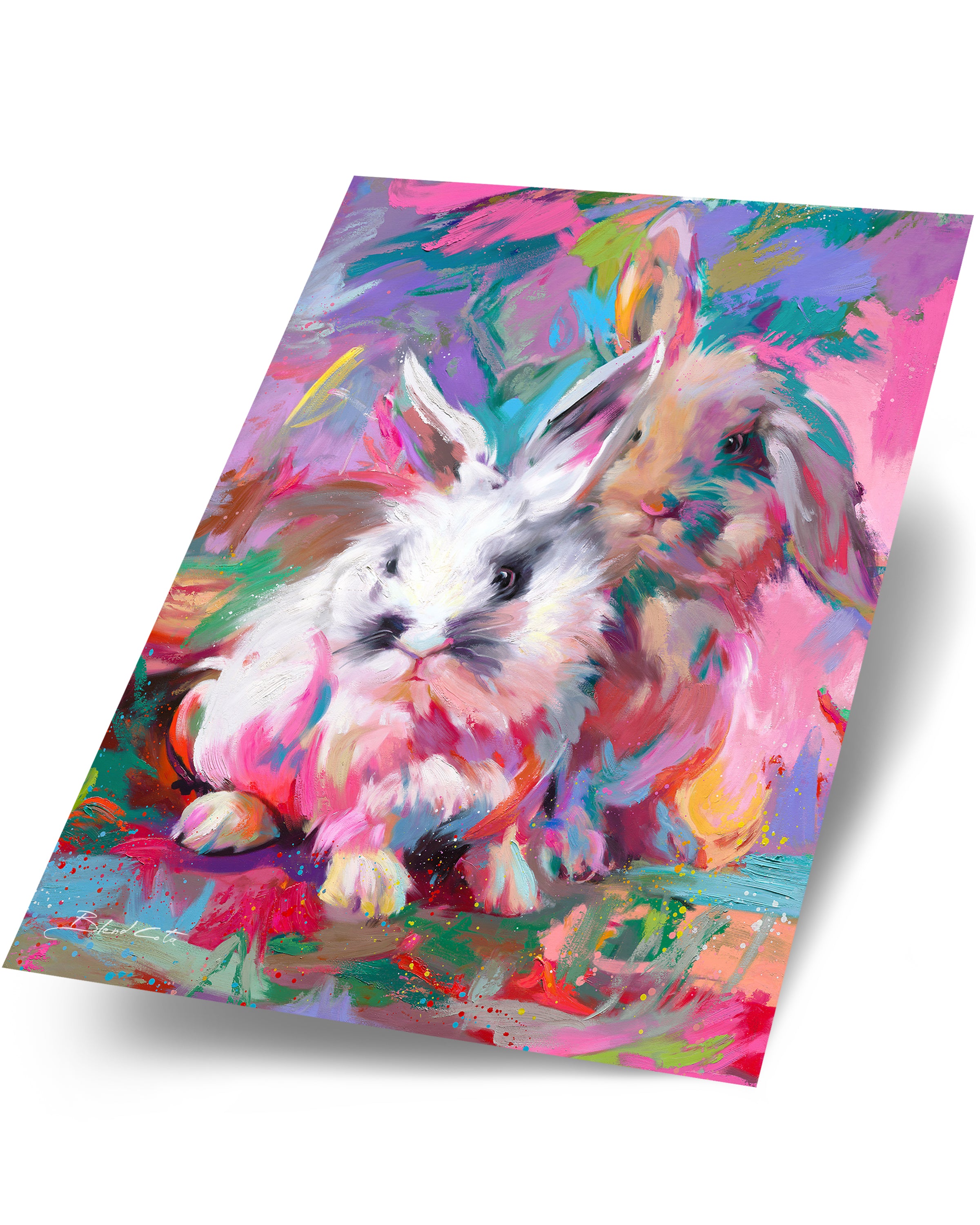Painting of two fluffy bunnies, rabbits in the spring, Easter abound, with colorful brushstrokes.
