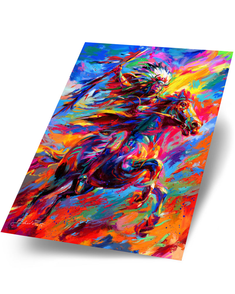 A powerful painting of Geronimo, riding his horse, native and free with colorful brushstrokes.