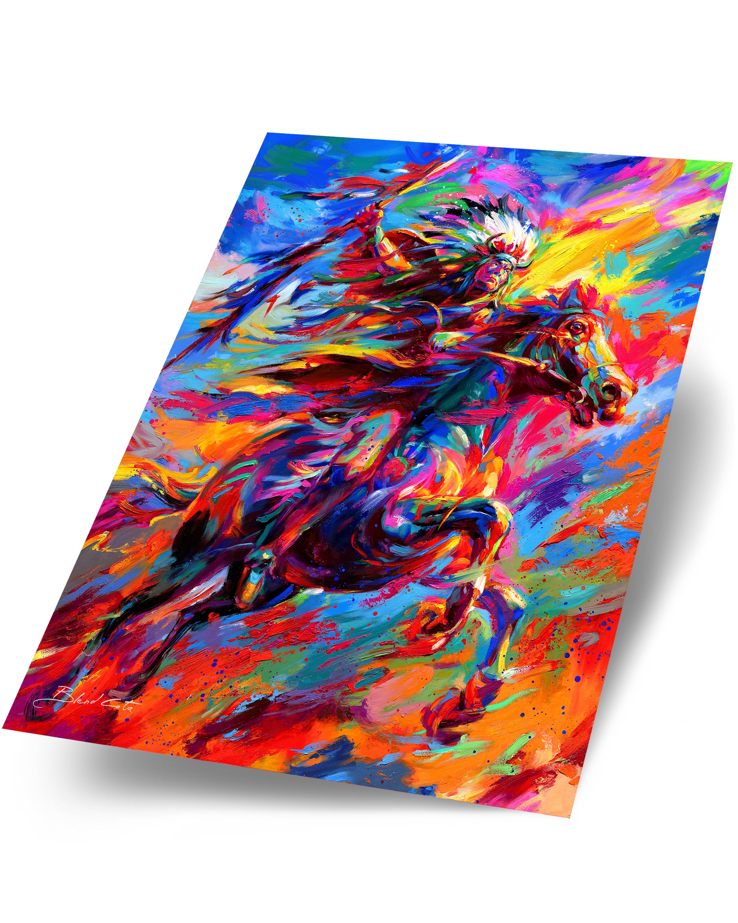 
                  
                    A powerful painting of Geronimo, riding his horse, native and free with colorful brushstrokes.
                  
                