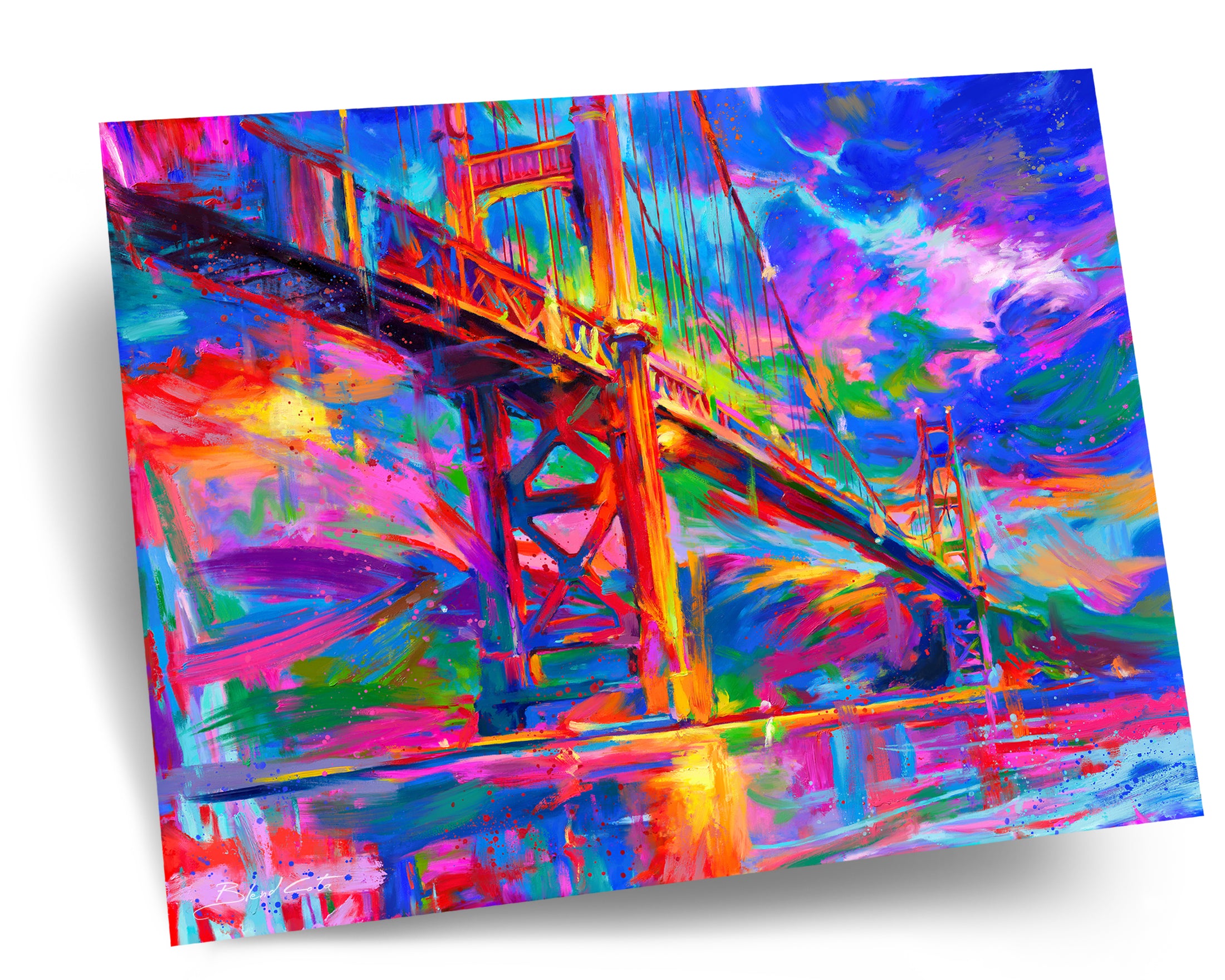 The painting of an iconic landmark, Golden Gate bridge in San Francisco with colorful brushstrokes.