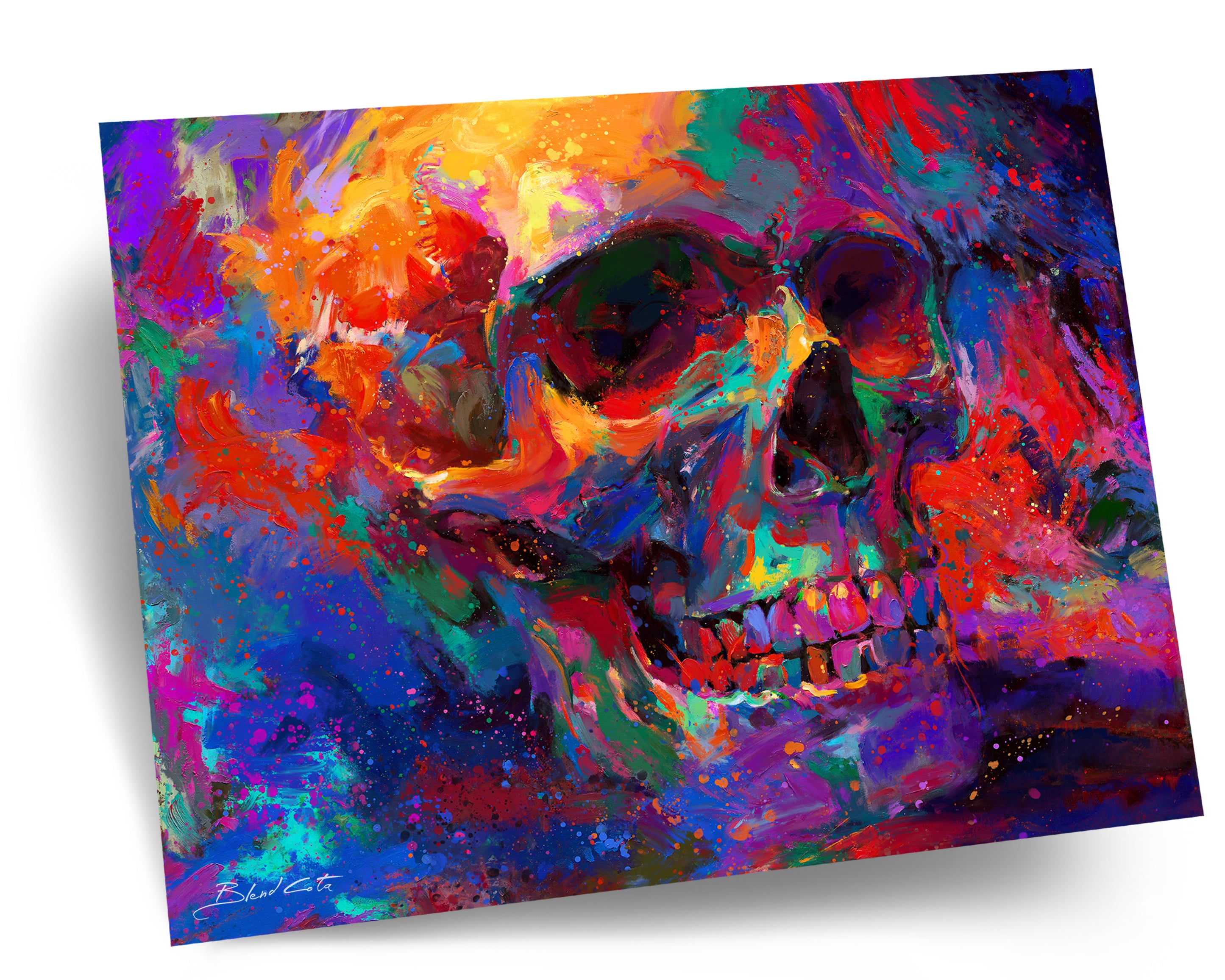 
                  
                    A painting of life and death, the skull and iconic image of humanity, in colorful brushstrokes.
                  
                