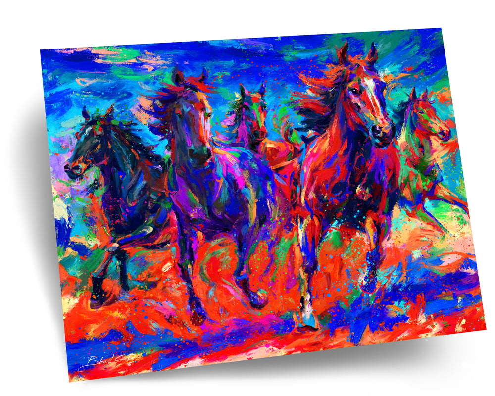 Painting of five wild horses galloping free, in colorful brushstrokes.