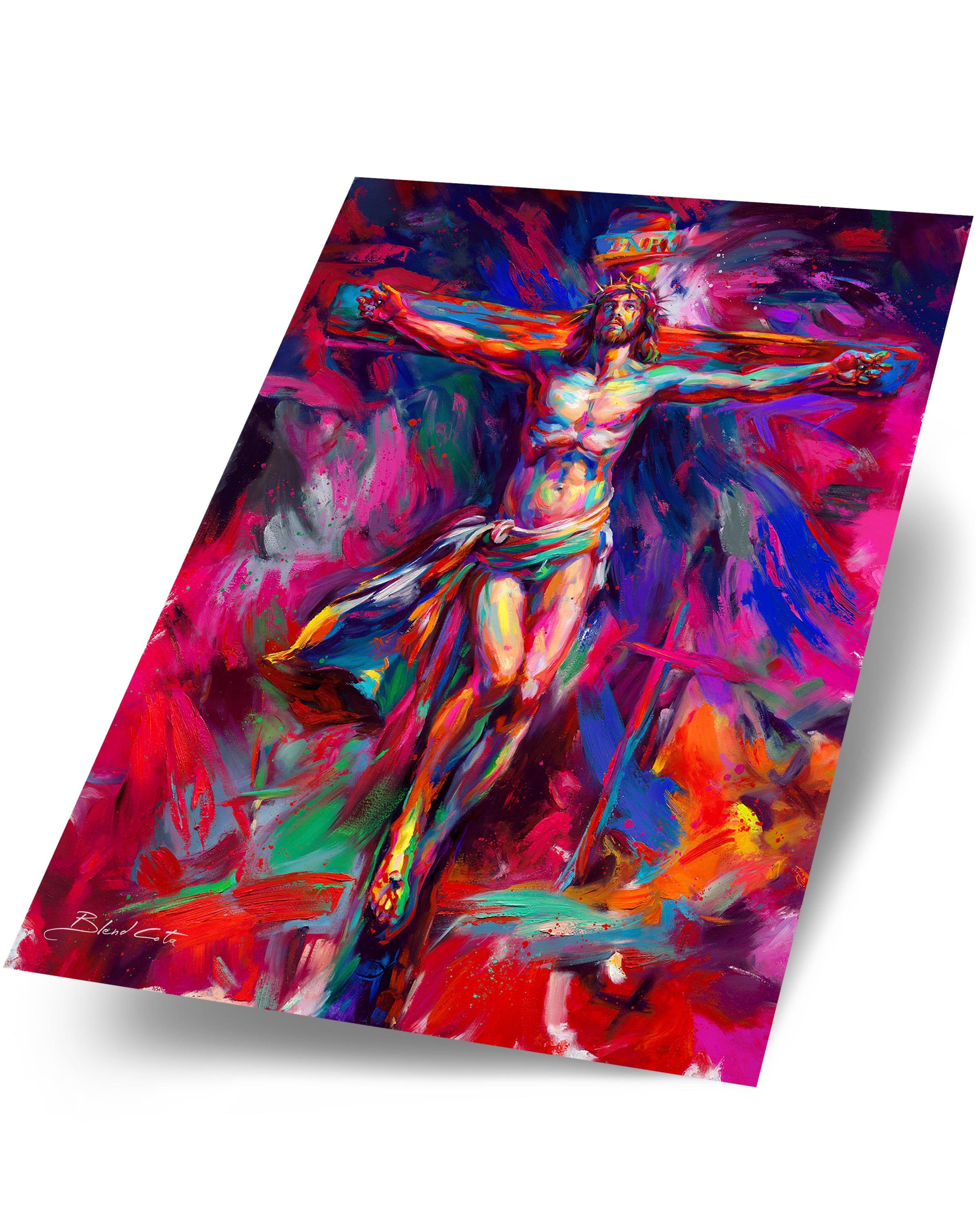 
                  
                    Painting of jesus crucified on the cross, sacrifice, a martyr and son of God in colorful brushstrokes.
                  
                