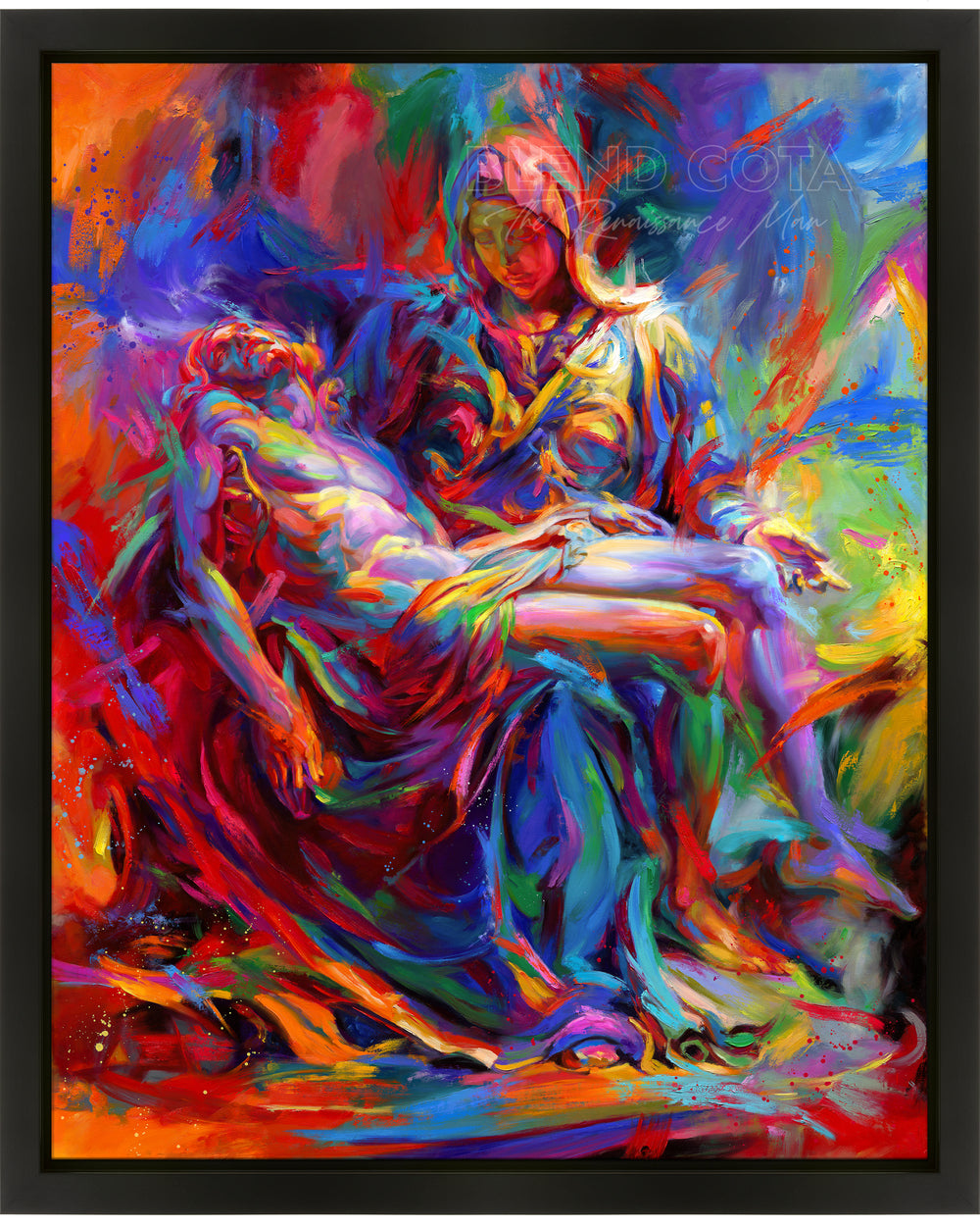 The Colors of Pieta an Original Oil Painting of Jesus being held by his mother Mary from Blend Cota Studios in a Black Frame