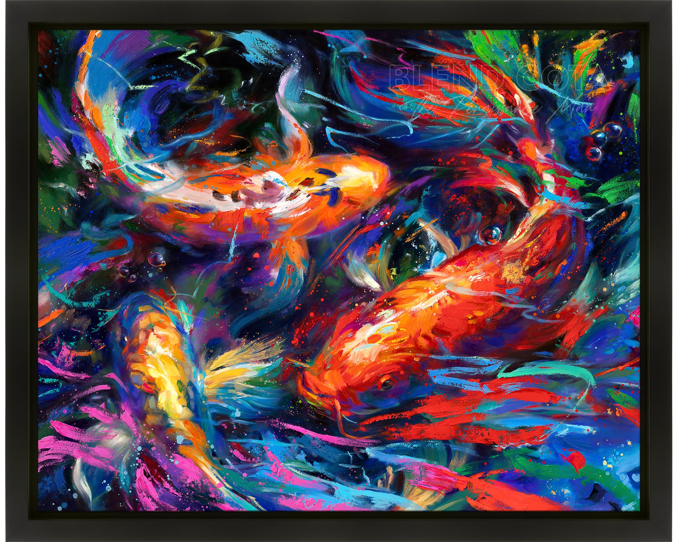 Koi Garden an Original Oil Painting Blend Cota Studios  in a Black Frame