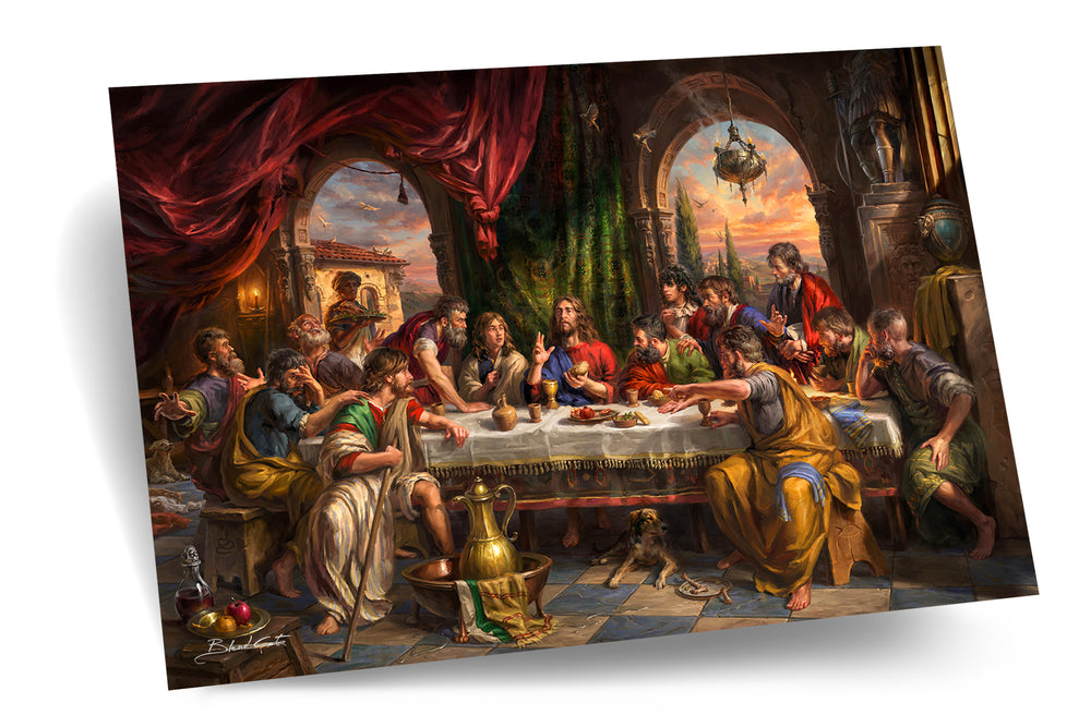 The last supper of jesus, with disciples sitting along a table breaking bread, in a realistic renaissance style.