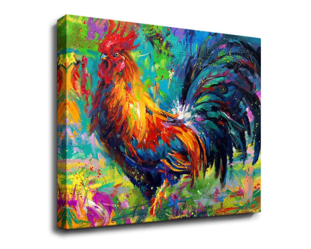 
                  
                    Art print on canvas of red, yellow and blue rooster on a turquoise background, the French national symbol and farm to kitchen bird in colorful brushstrokes, color expressionism style.
                  
                