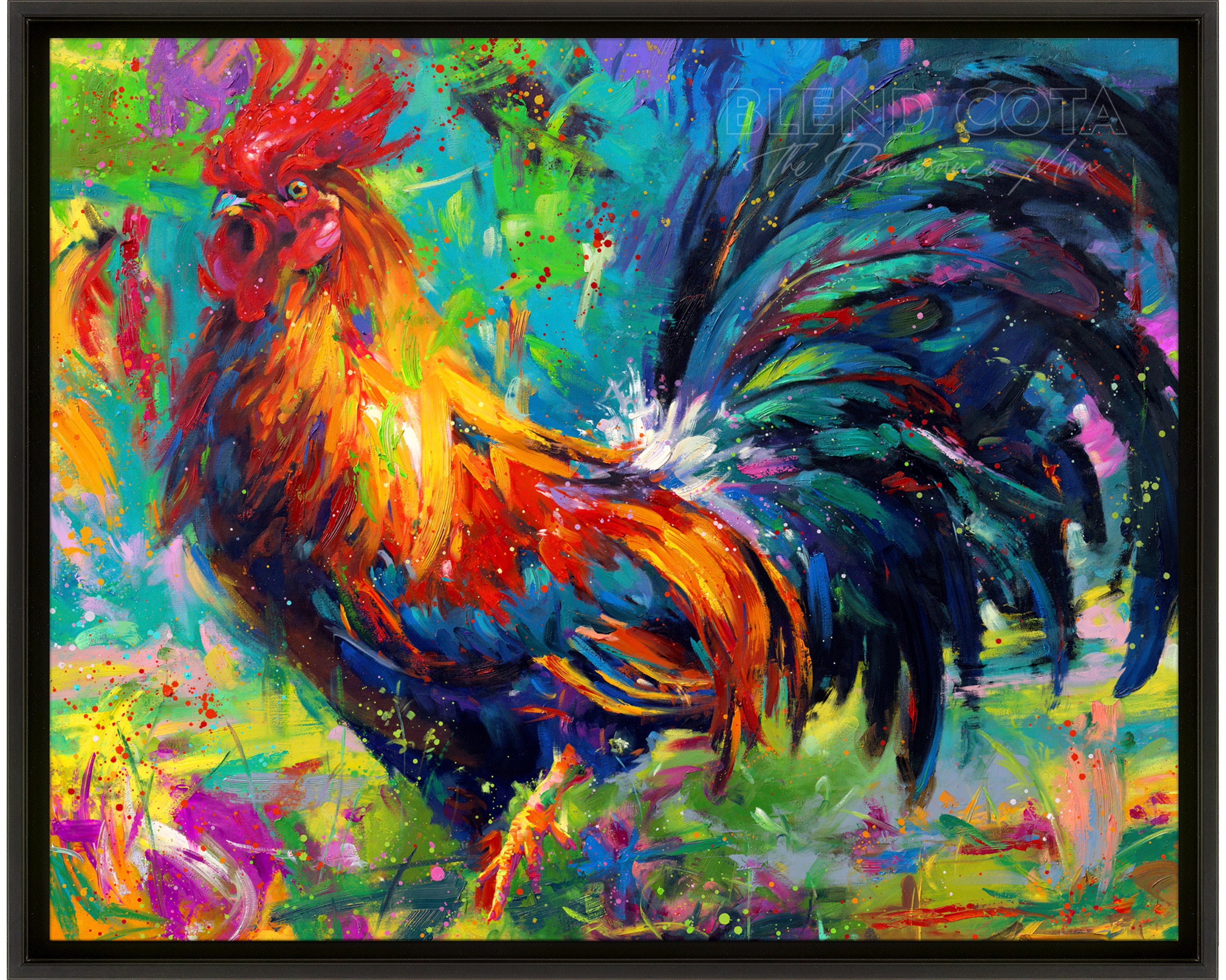 
                  
                    Limited edition painting on canvas of red, yellow and blue rooster on a turquoise background, the French national symbol and farm to kitchen bird in colorful brushstrokes, color expressionism style in a black frame.
                  
                