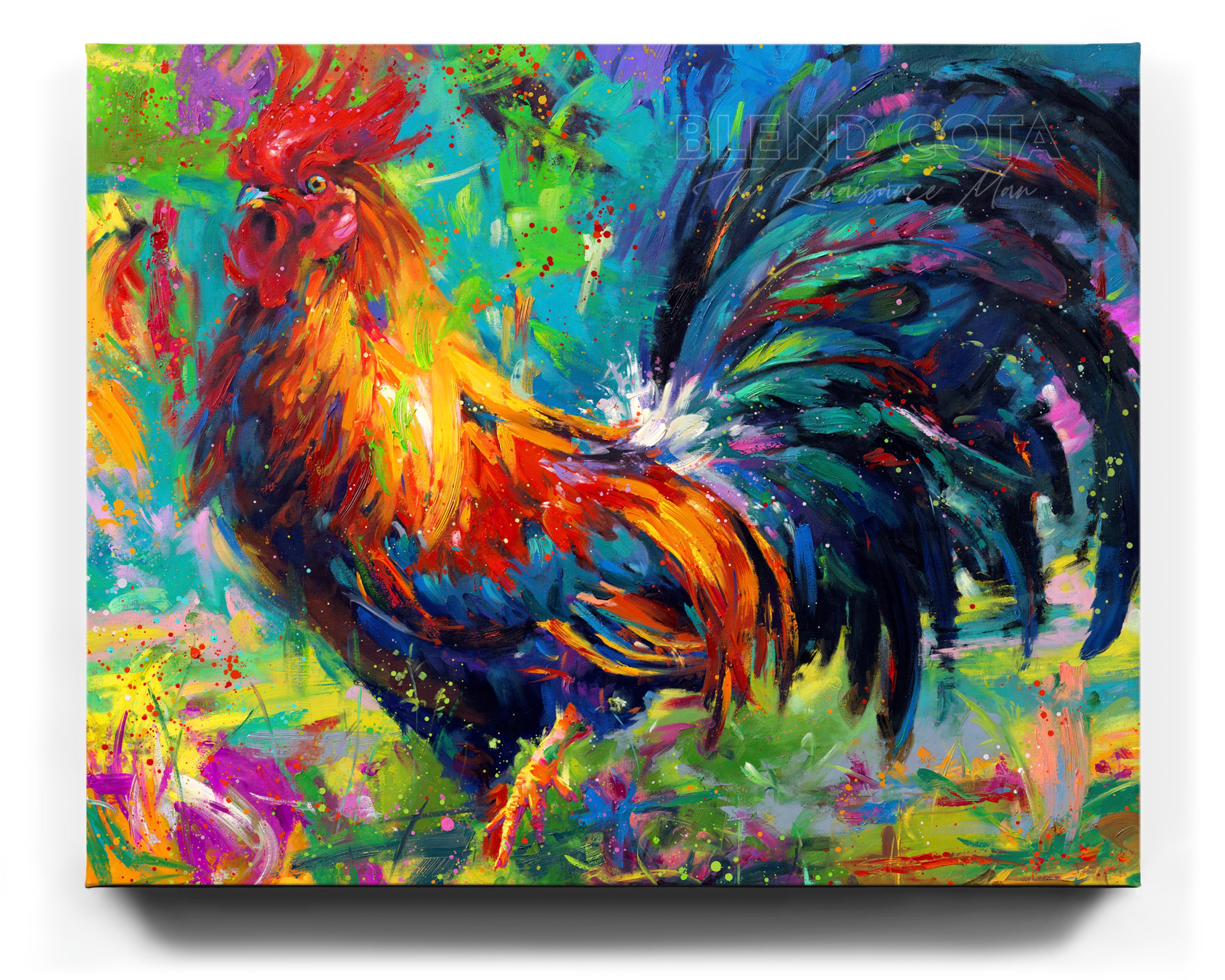 Limited edition painting on canvas of red, yellow and blue rooster on a turquoise background, the French national symbol and farm to kitchen bird in colorful brushstrokes, color expressionism style.