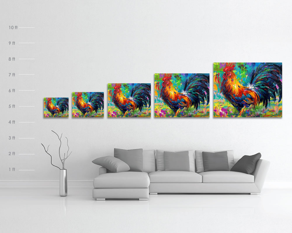 Scale and dimensions for the limited edition print on metal of red, yellow and blue rooster on a turquoise background, the French national symbol and farm to kitchen bird in colorful brushstrokes, color expressionism style.