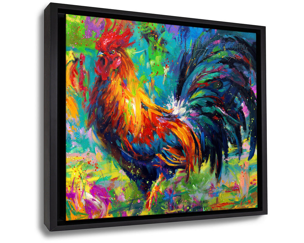 
                  
                    Black framed art print on canvas of red, yellow and blue rooster on a turquoise background, the French national symbol and farm to kitchen bird in colorful brushstrokes, color expressionism style.
                  
                