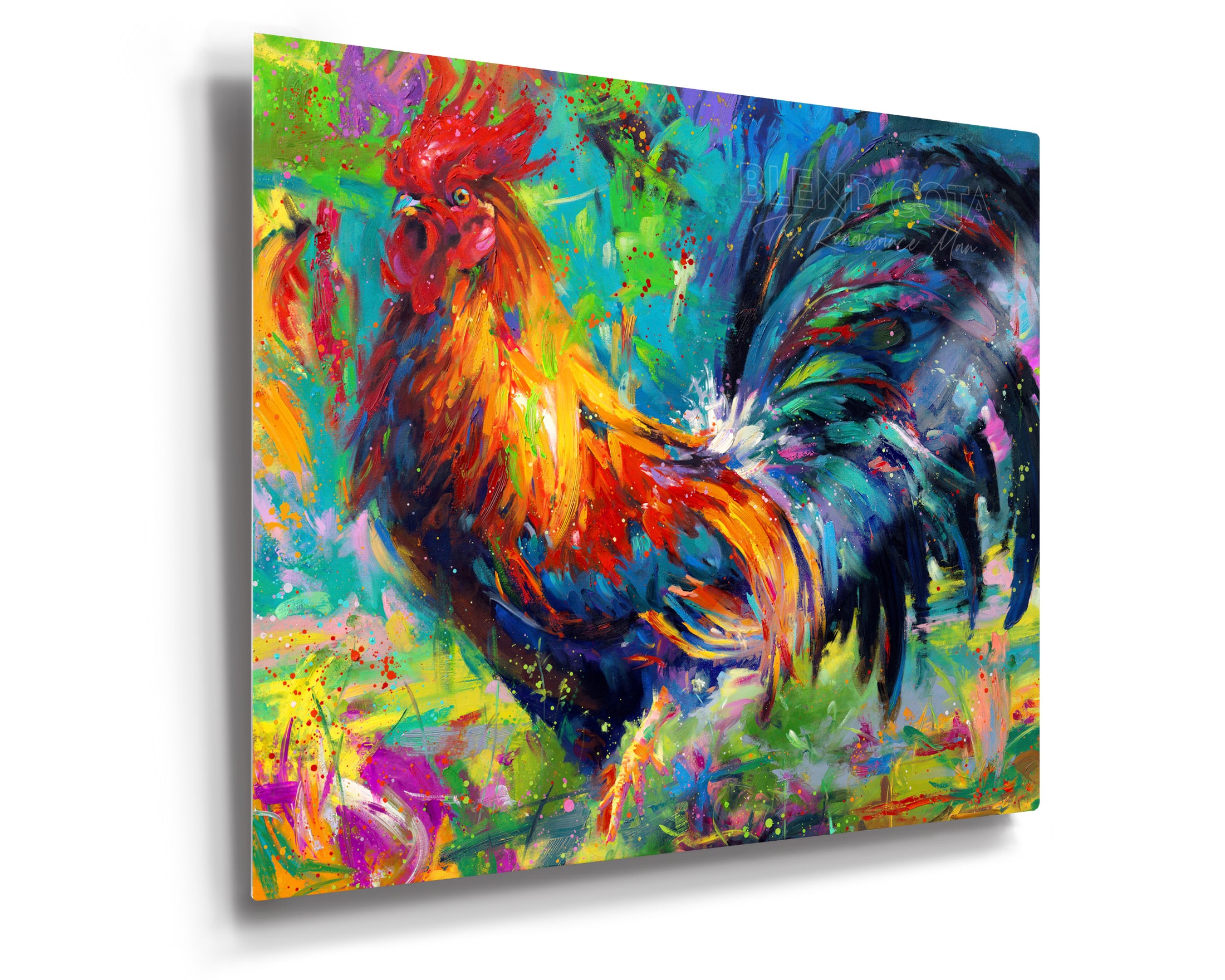 Limited edition print on metal of red, yellow and blue rooster on a turquoise background, the French national symbol and farm to kitchen bird in colorful brushstrokes, color expressionism style.