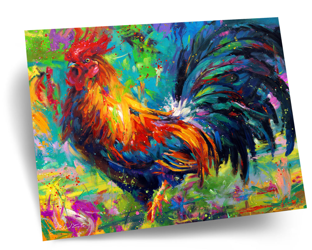 
                  
                    Art print on cardstock paper of red, yellow and blue rooster on a turquoise background, the French national symbol and farm to kitchen bird in colorful brushstrokes, color expressionism style.
                  
                