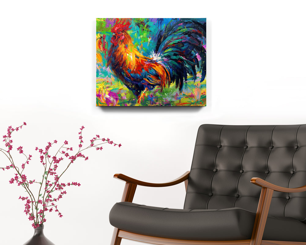 
                  
                    Art print of red, yellow and blue rooster on a turquoise background, the French national symbol and farm to kitchen bird in colorful brushstrokes, color expressionism style in a room setting.
                  
                