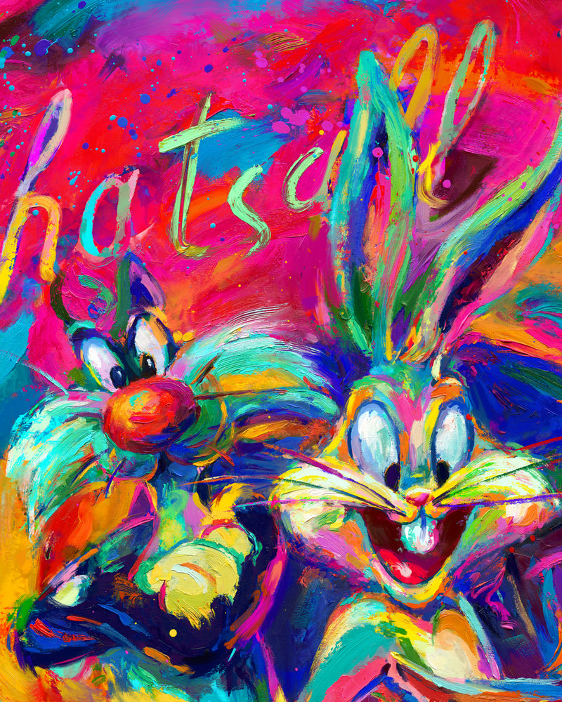 
                  
                    Oil on canvas original painting of the Warner Brother's cast of Looney Tunes characters, from Bugs Bunny, Wile E. Coyote, Daffy Duck and Tweety to Road Runner, Porky Pig and Sylvester, they are all together swirling in color while That's All Folks reads behind them, in colorful brushstrokes, color expressionism style detailed close up.
                  
                