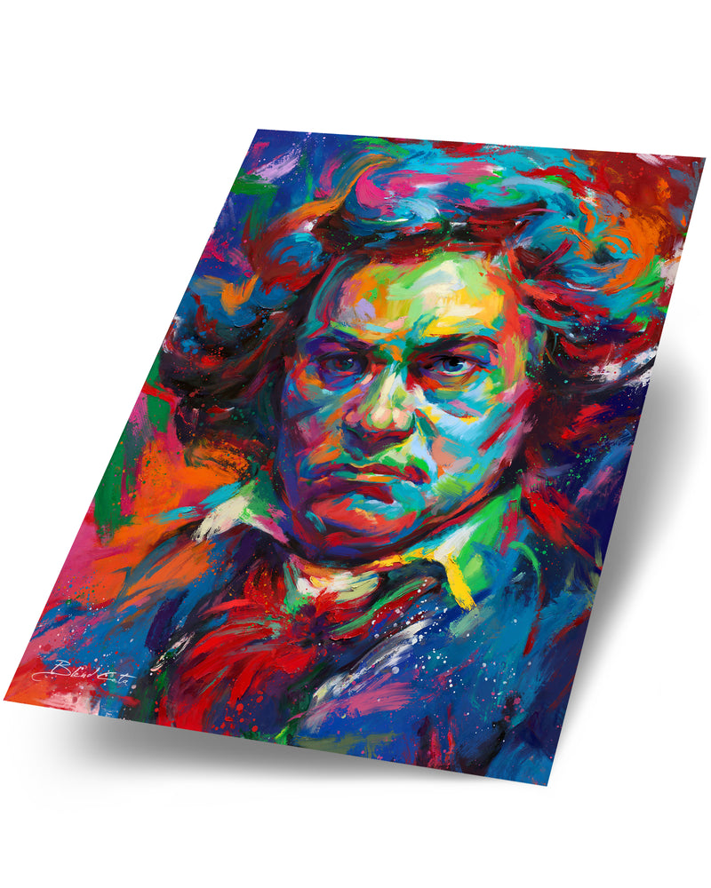 Portrait paintings of Ludwig van Beethoven, famous composer, with colorful brushstrokes.